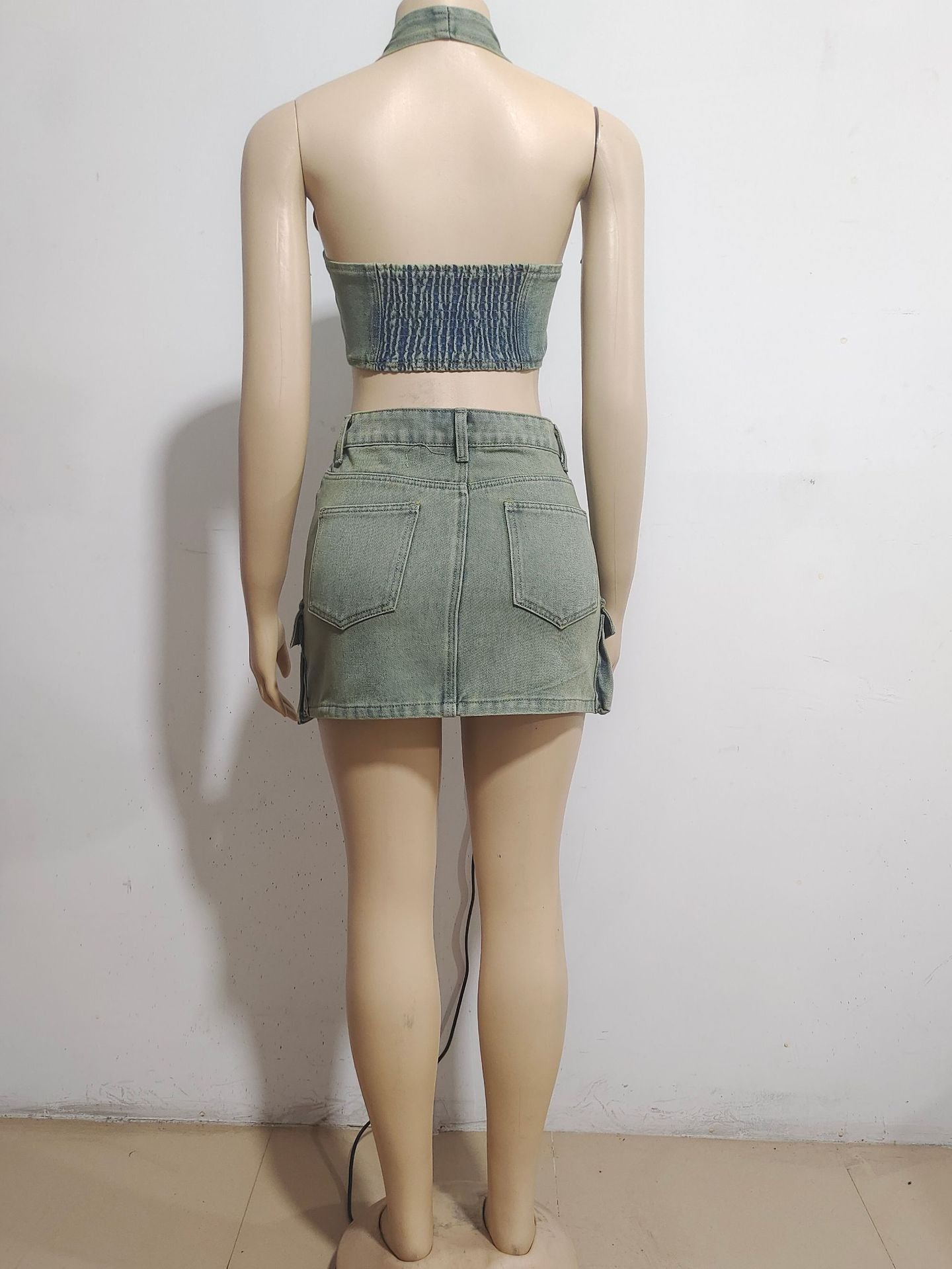 Women suspenders Top and pocket Denim Skirt two-piece set 9