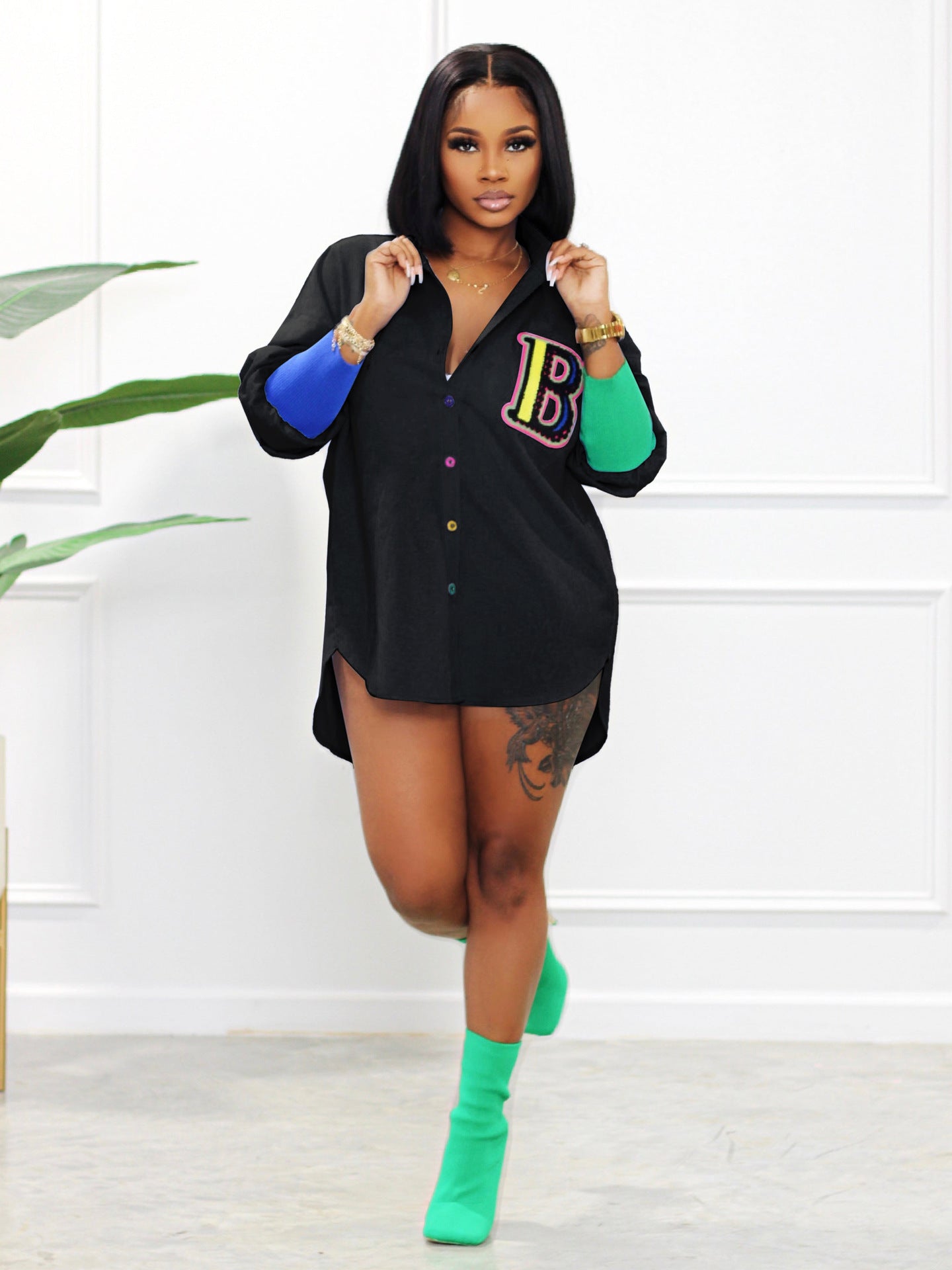 Fall/Winter Style Patchwork Embroidered Appliqued Front Short Back Long Blouse 5