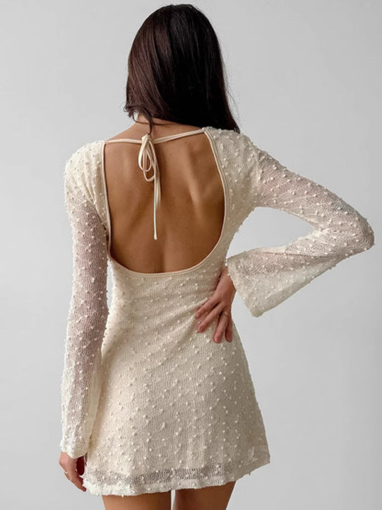 Sexy Slim Round Neck Lace Jacquard Spring Fashion Short Dress 3