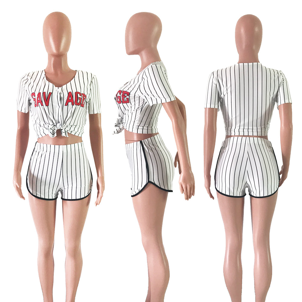 Women Sexy Women Striped Letter Baseball Top and Skirt Two-piece Set 54