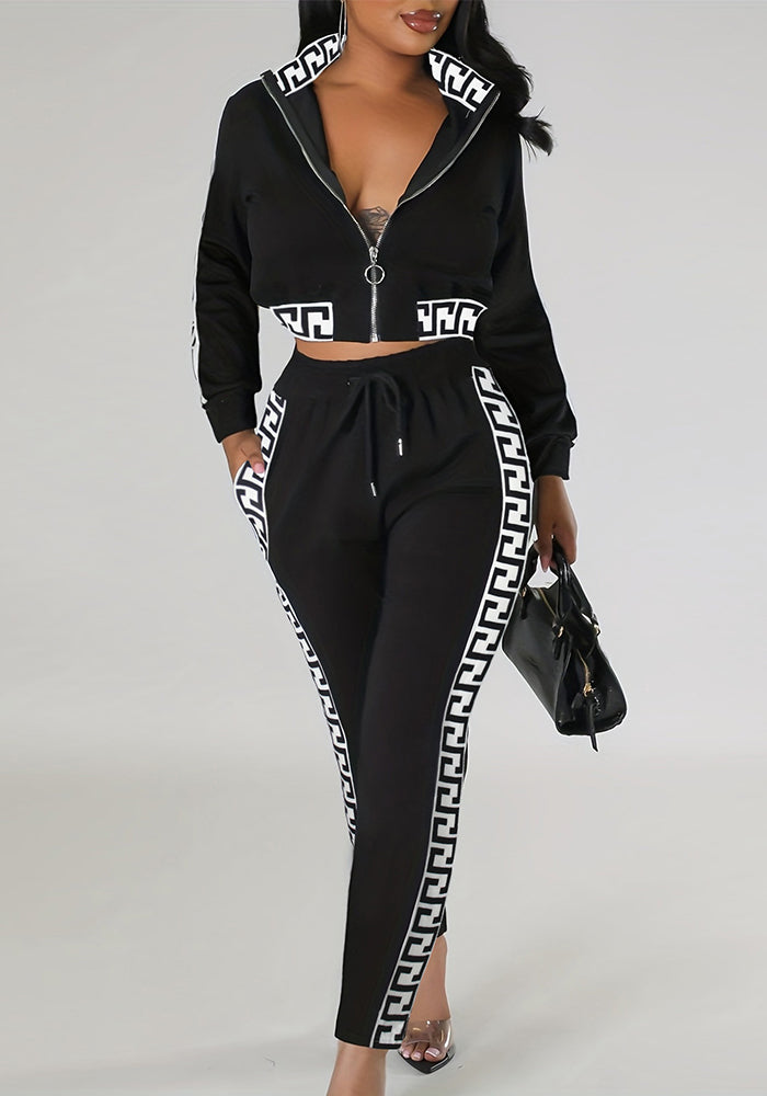 Spring Autumn Fashion Casual Patchwork Zipper Top Trousers Two-Piece Set