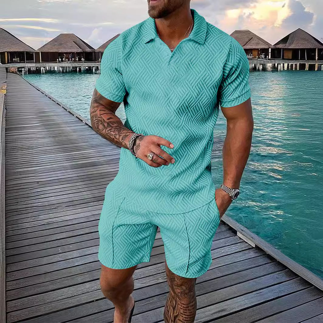 Men's Summer Fashion Casual Printed Turndown Collar Polo Shirt Shorts Two Piece Set 23