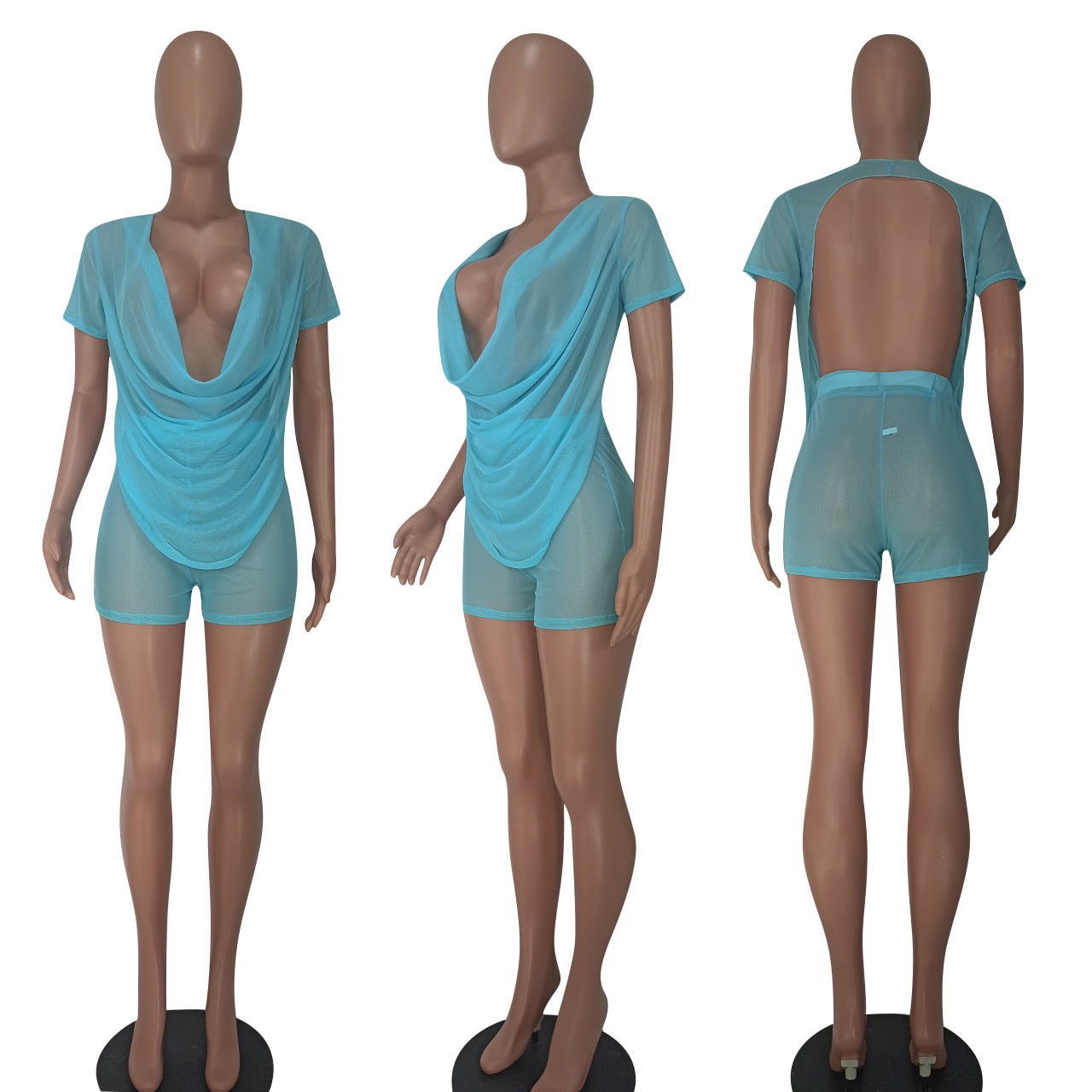 Sexy See-Through Low Back Mesh Two-Piece Shorts Set for Women 9