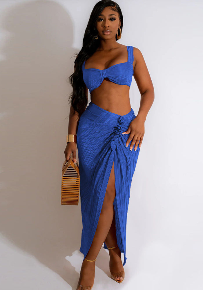 Pleated Sexy Low Back Camisole Top Split Pleated Skirt Set