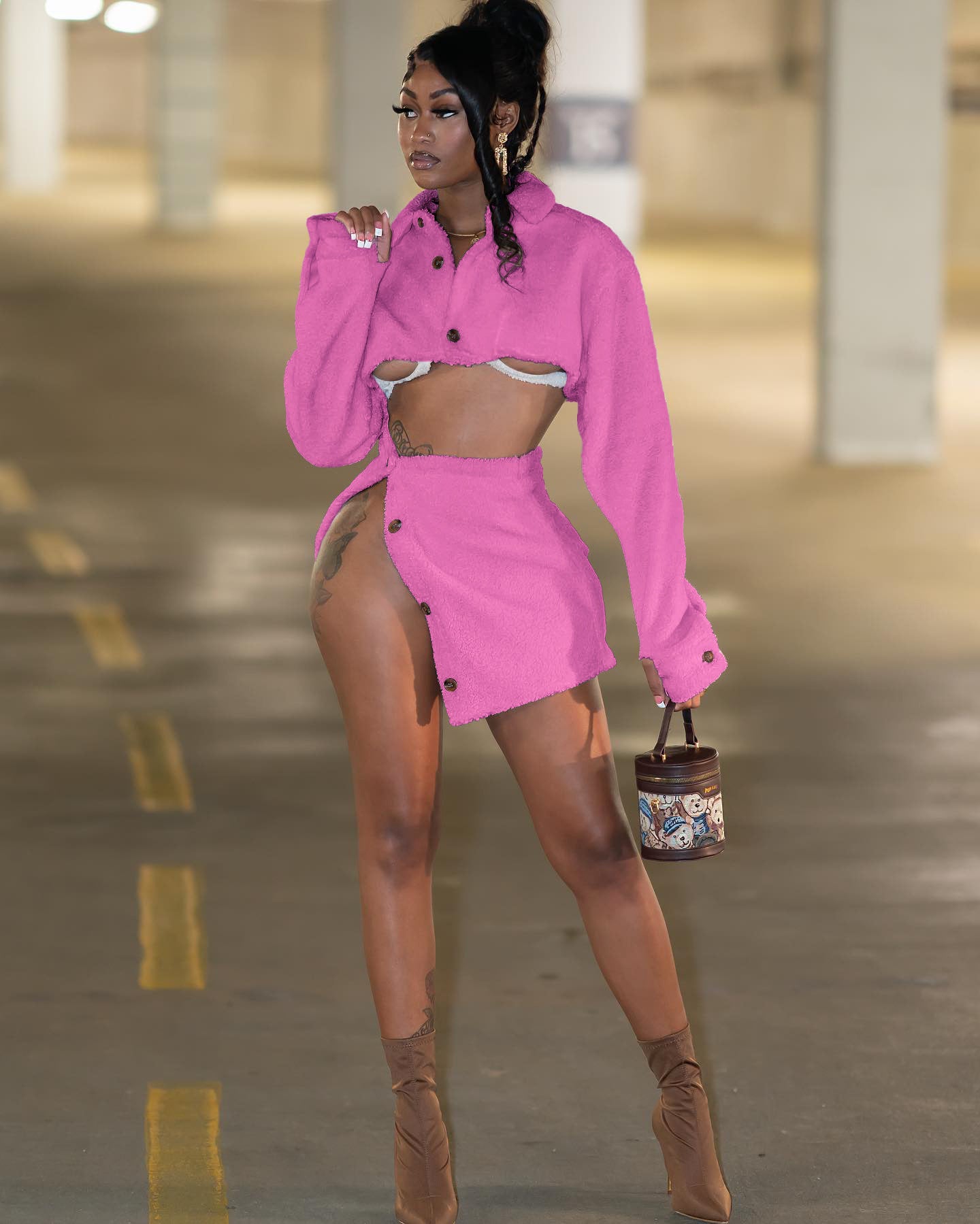 Autumn And Winter Women's Sexy Fleece Turndown Collar Slit Two Piece Skirt Set 3