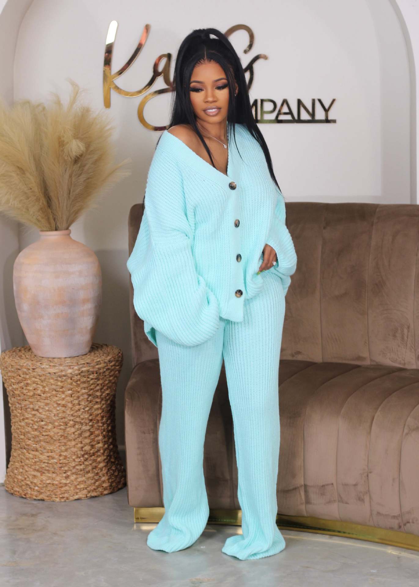 Women Fall/Winter Solidv-neck Button Top and Wide-leg Pants Sweater Two-piece Set 7