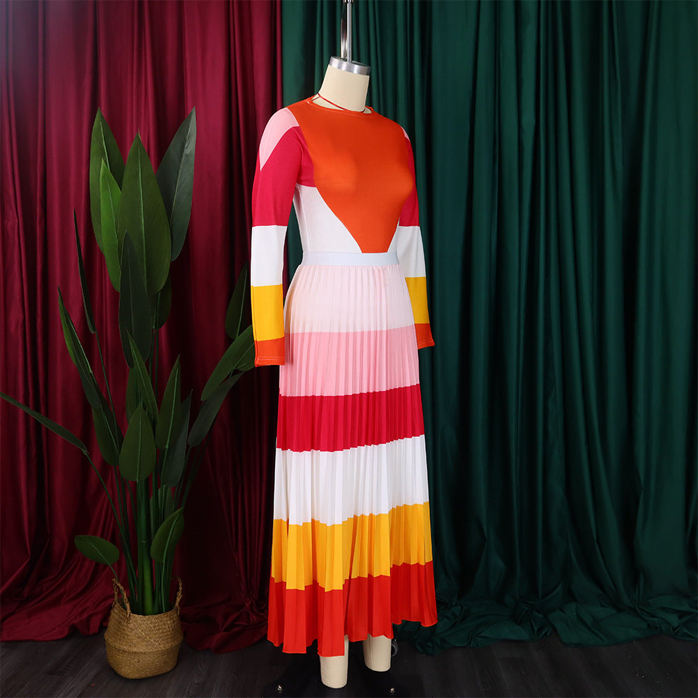 Women Autumn Pleated Print Contrast Color Long-sleeved Top and Skirt Two-Piece Set 21