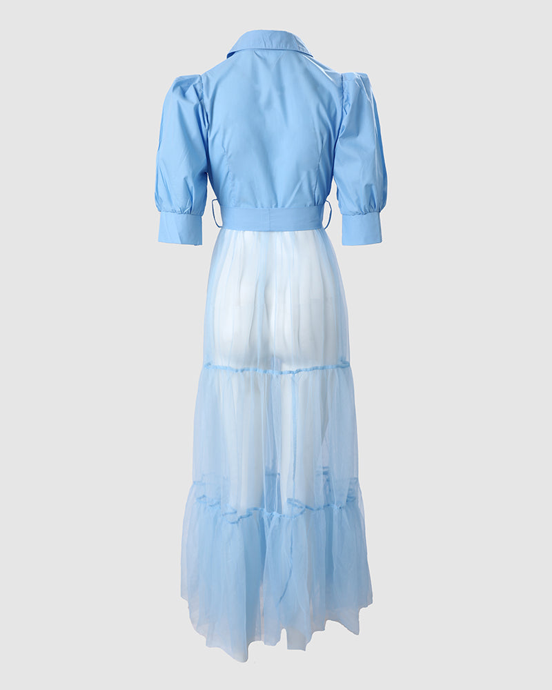 Fall/Winter Solid Color Puff Sleeve Lace-Up Long Mesh Patchwork Top 10