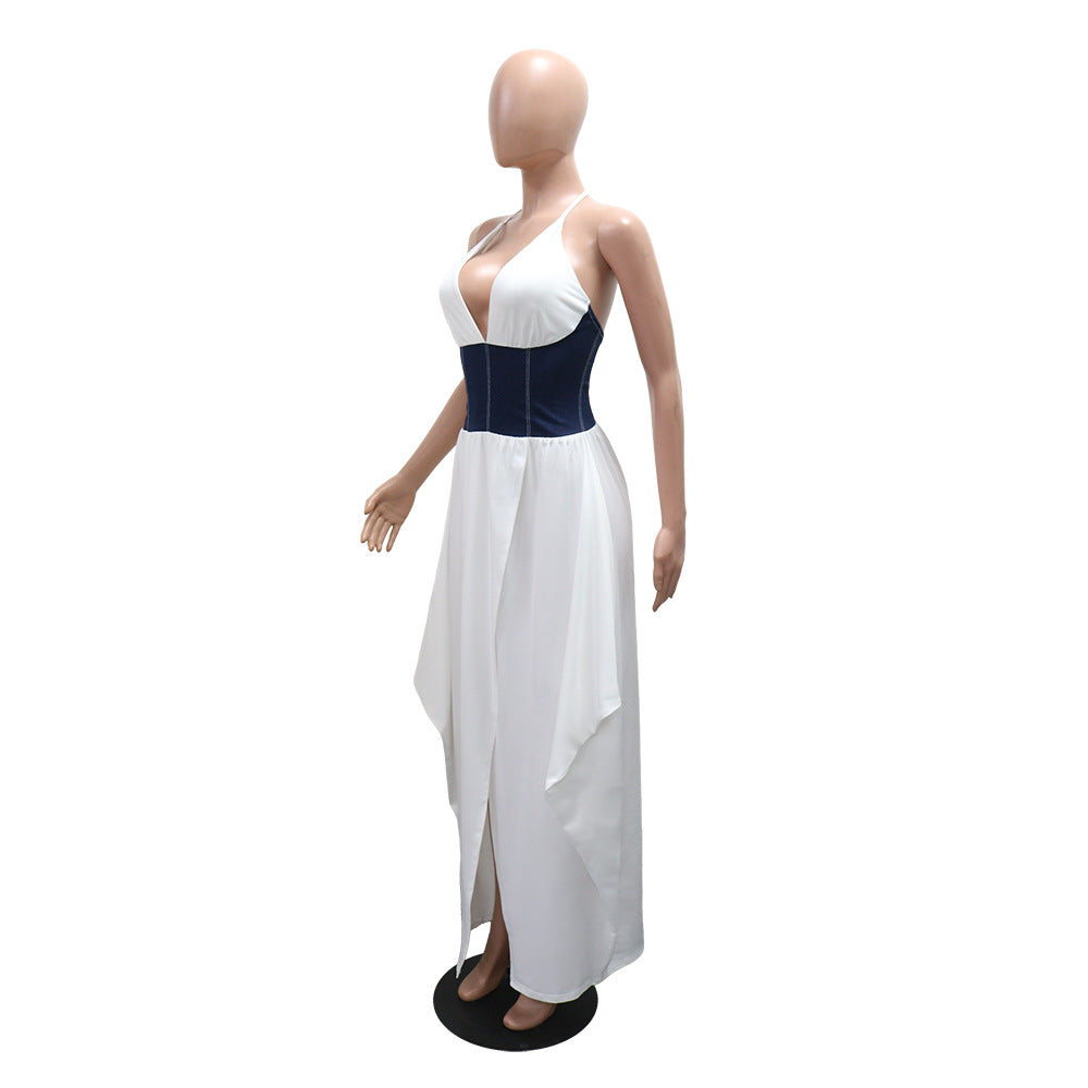 Women Slit Irregular Patchwork V-neck Dress 13