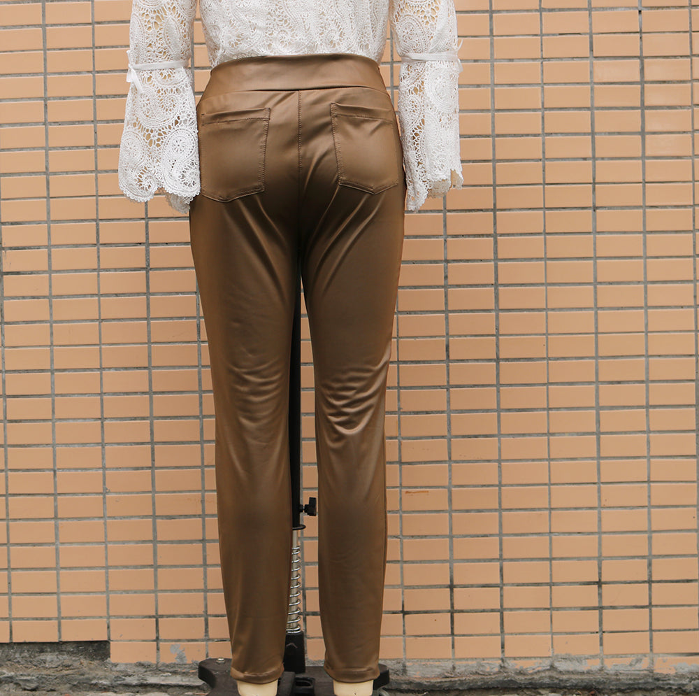 Women's Autumn and Winter High Waist Slim Fit Faux Leather Pants 16