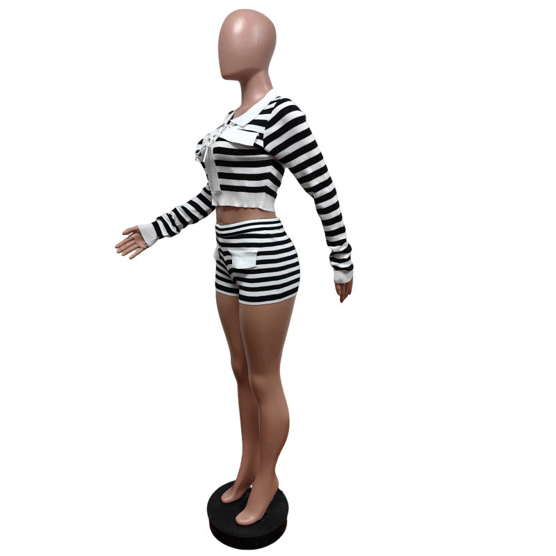 Women Stretchy Striped Lace-up Turndown Collar Long Sleeve Top And Shorts Two-piece Set 5