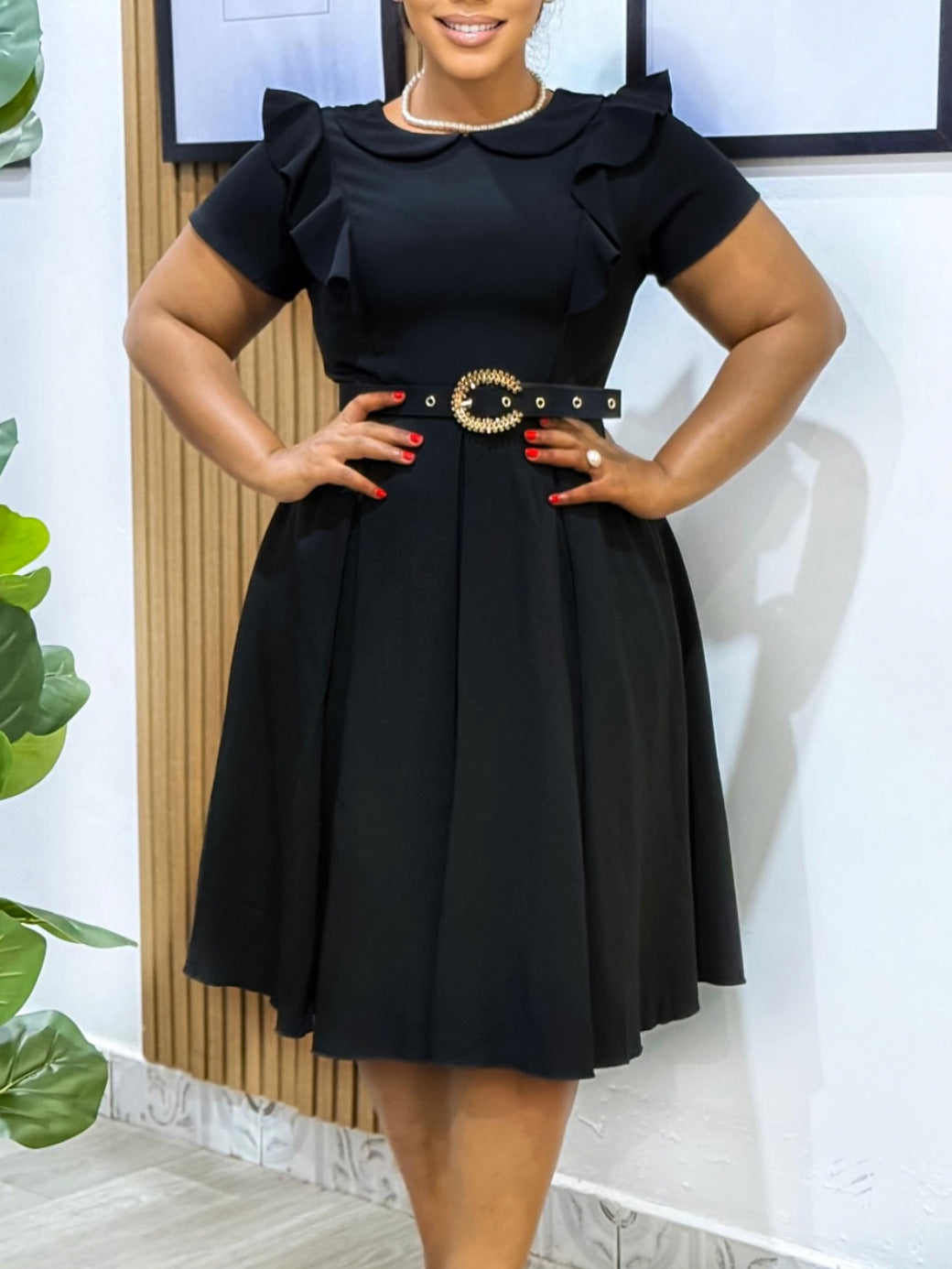 Women's Short Sleeve Peter Pan Collar Solid Color Ruffle High-Waist Swing Dress