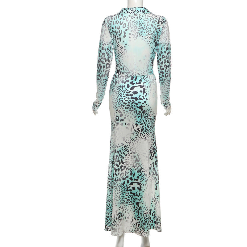 Women V-Neck Leopard Print Sexy Top and Long Skirt Two-Piece Set 6