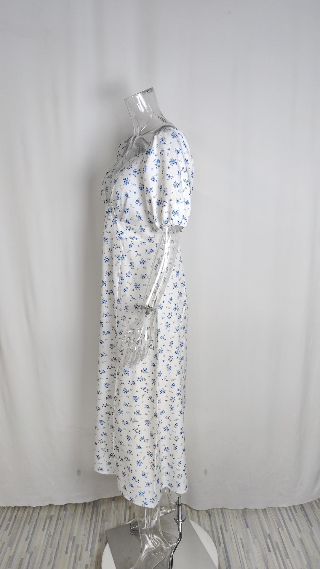 Women's Clothing Sexy V-neck Puff Sleeves French Elegant Floral Dress 14