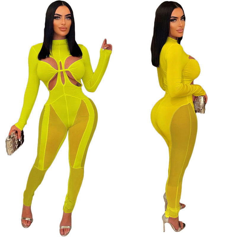 Women Mesh Patchwork Sexy Long Sleeve Jumpsuit 7
