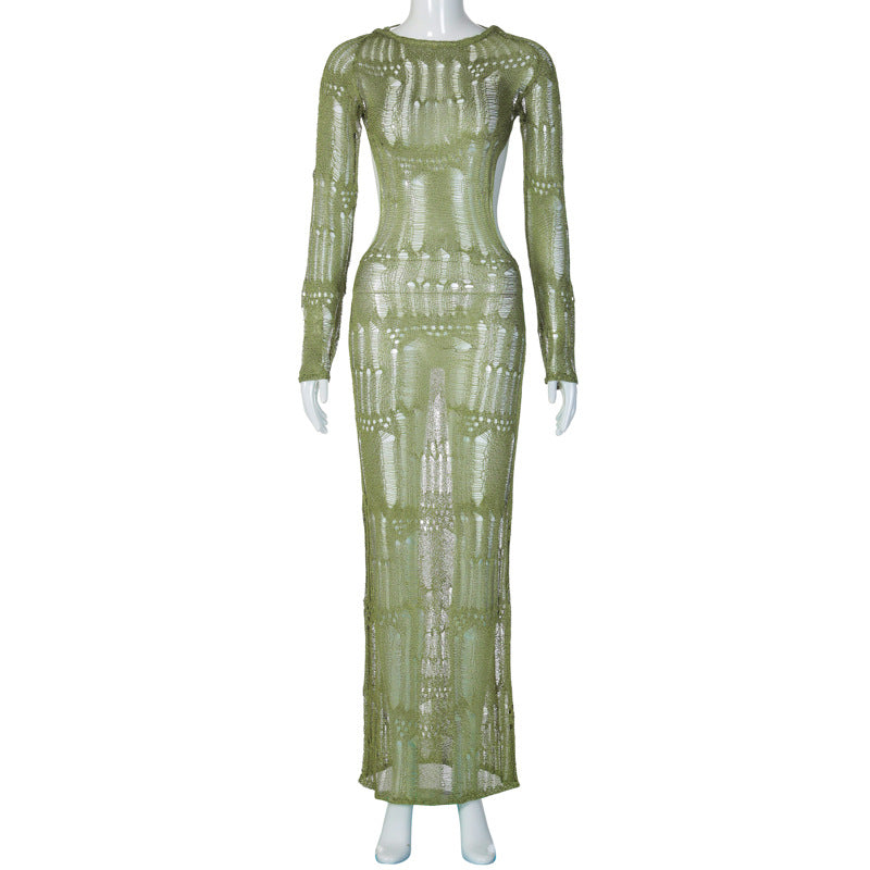 Spring Sexy Low Back Hollow See-Through Long Sleeve Slim Chic Long Knitting Dress 4