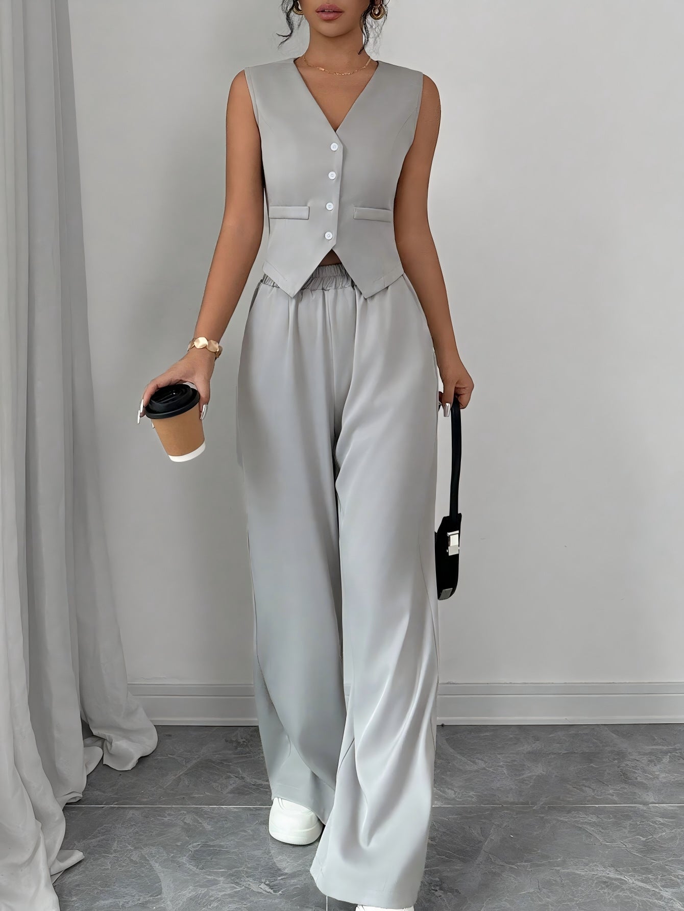 Women's Spring Summer Chic Button Sleeveless Vest Pants Set 8