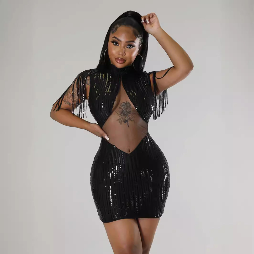 Women Tassel Sequin Sexy Hollow Bodycon Dress 4