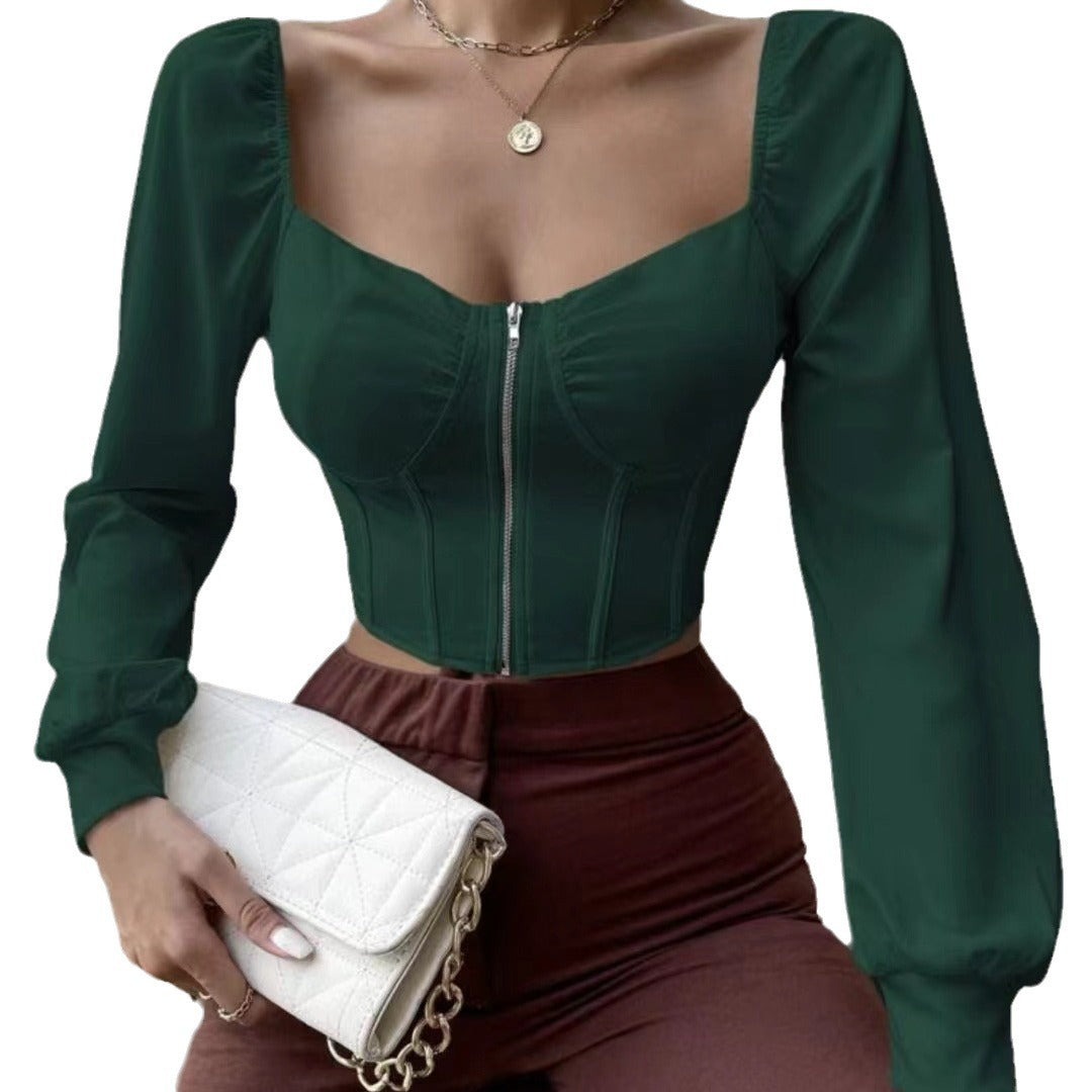 Women Zipper Puff Long Sleeve Shirt 6
