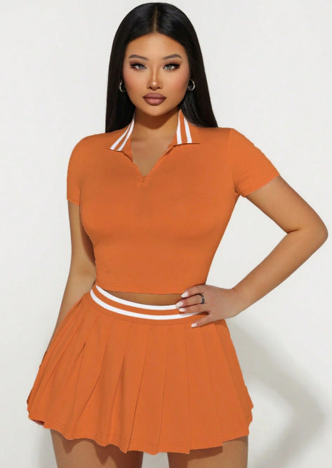 Women's Summer Skirt & Turndown Collar Short-Sleeve Top Two-Piece Set 3