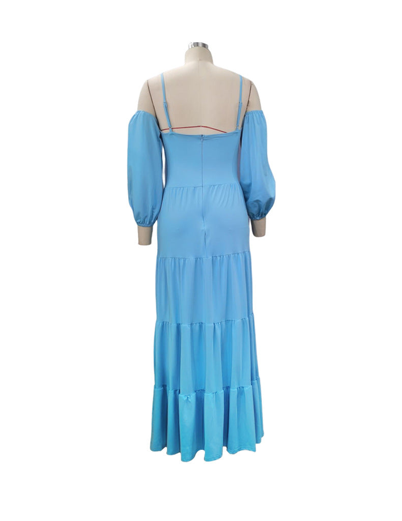 Spring Women's Fashion Sexy Solid Color Long Sleeve Strap Maxi Dress 6