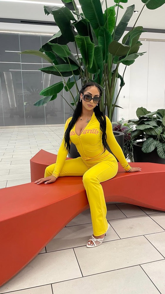 Women Casual Letter Print Zipper Hooded Top High Waist Pants Set