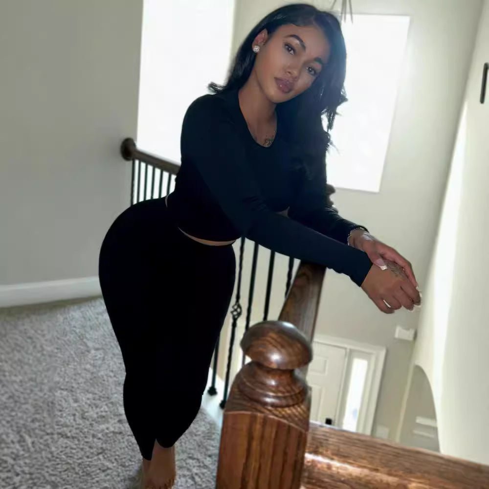 Women's Fashion Round Neck Rib Casual Sexy Sports Trend Fashion Two Piece Pants Set