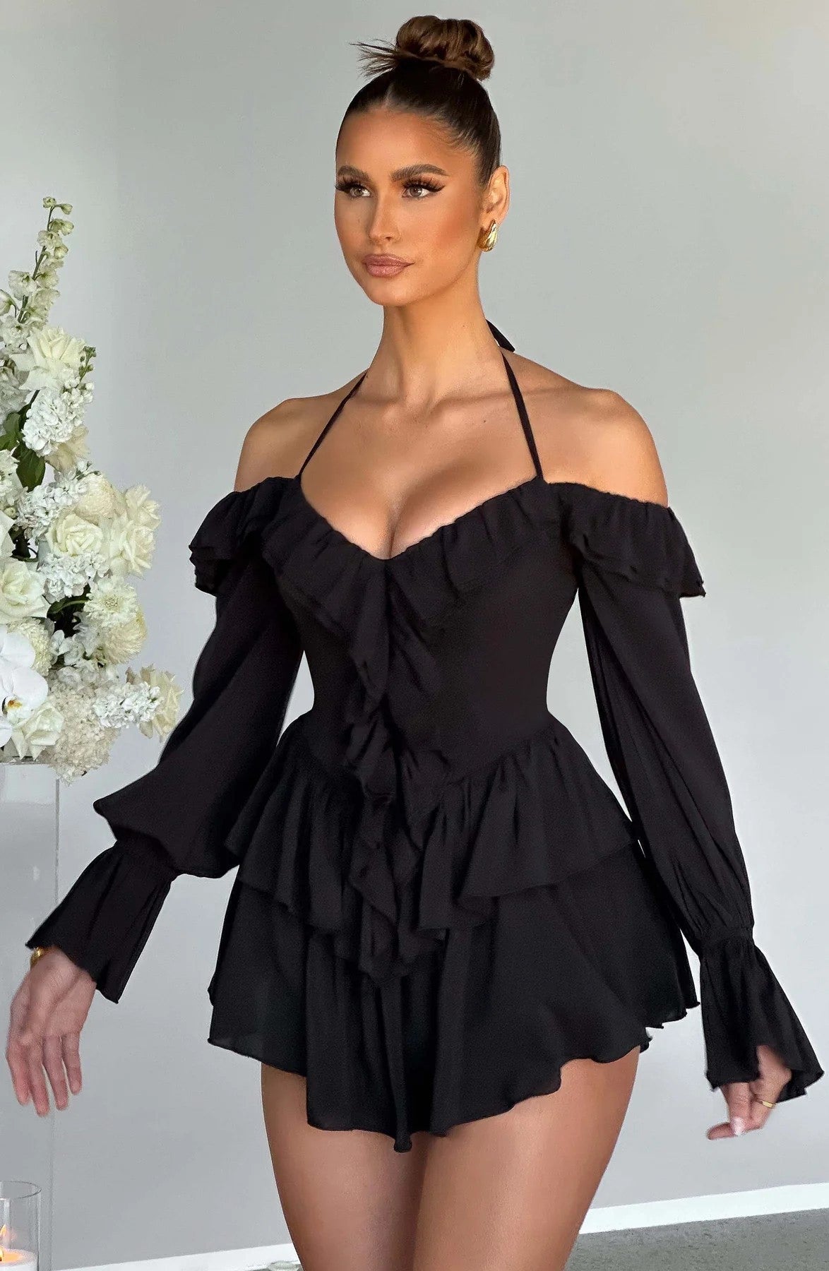 Pleated Ruffle Bell Bottom Sleeve Halter Neck Women's Dress 7