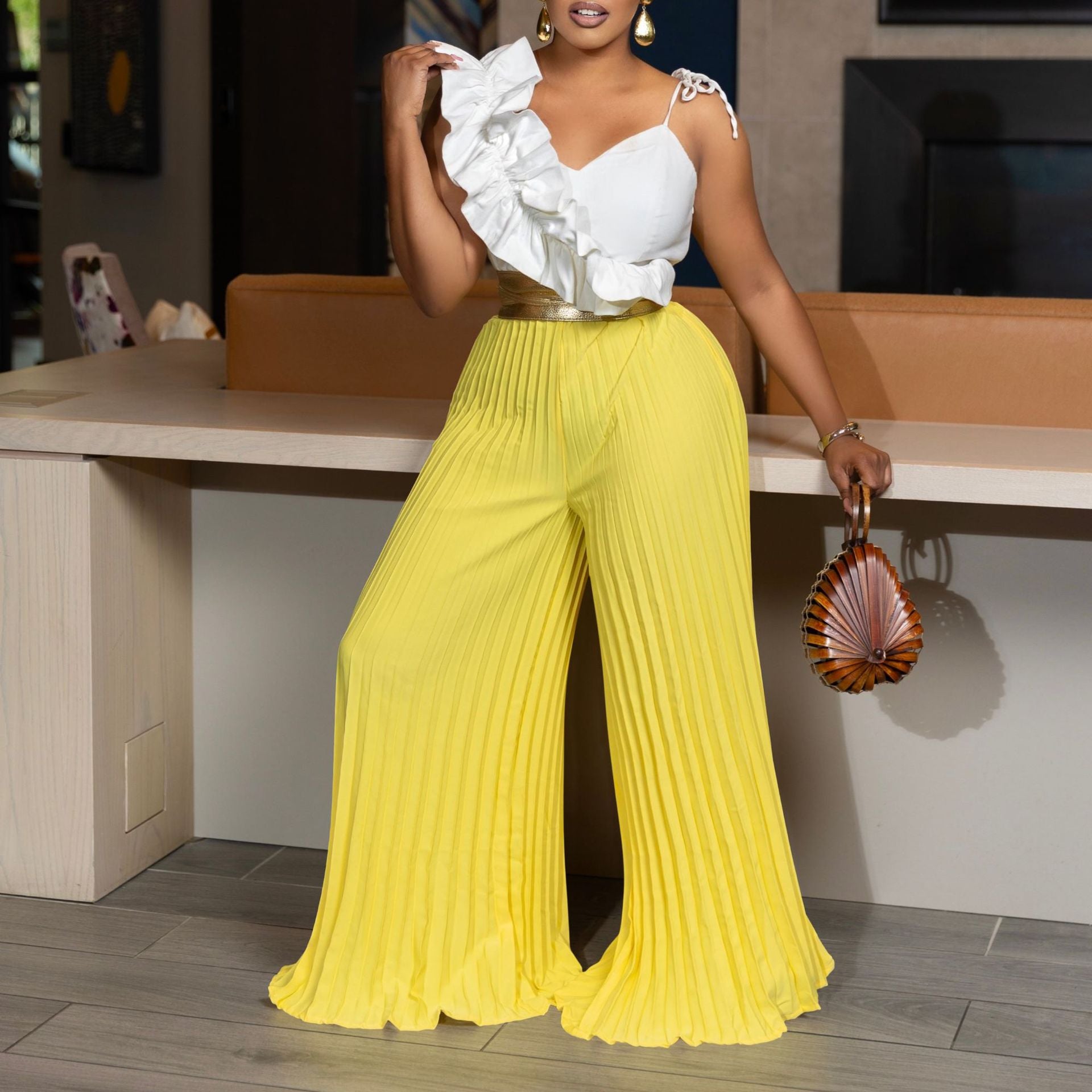 Women's Sexy Ruffle Sleeveless Top Wide Leg Pants Fashion Suit