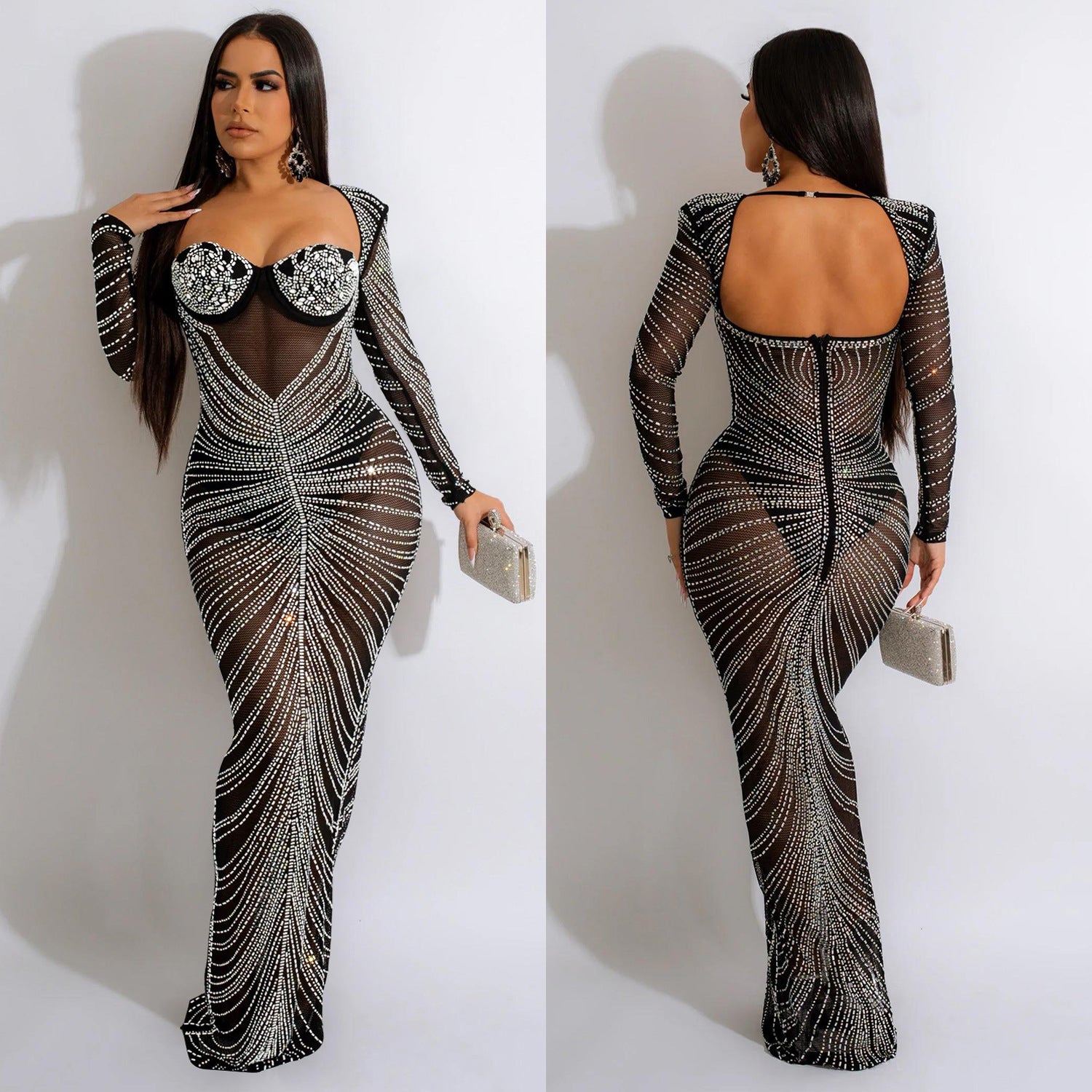 Fashion Women'S Rhinestone Beaded Mesh See-Through Long-Sleeve Backless Evening Party Long Dress
