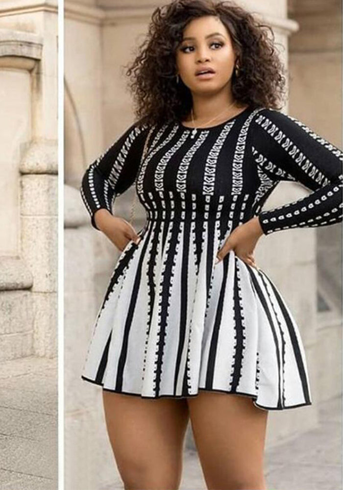 Plus Size Women Long Sleeve Round Neck Striped Dress