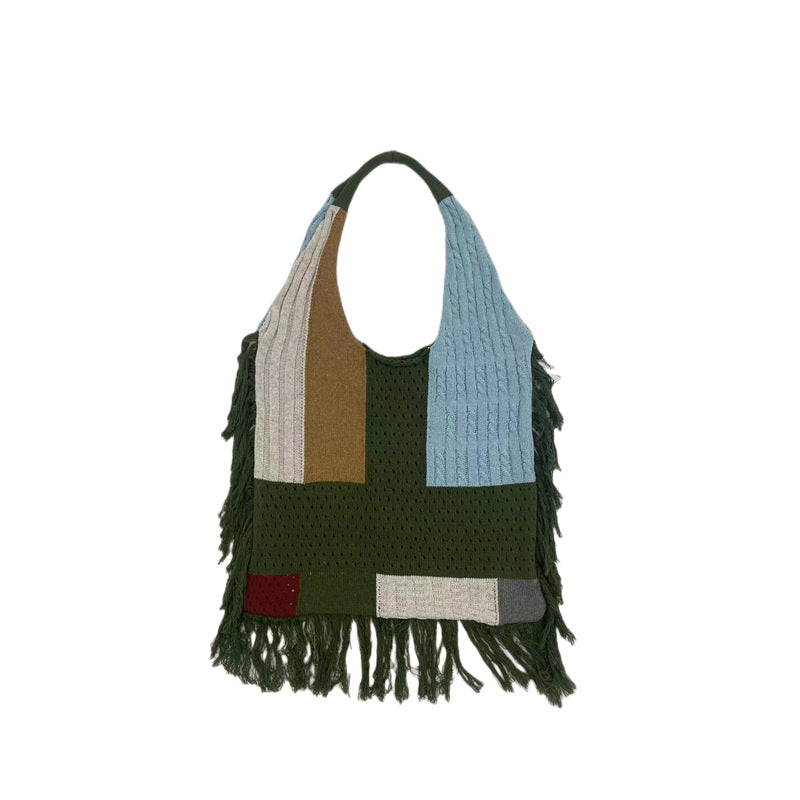 Fringed Women Patchwork Knitting Handbag Single Shoulder Bag Retro Knitting Bag 10