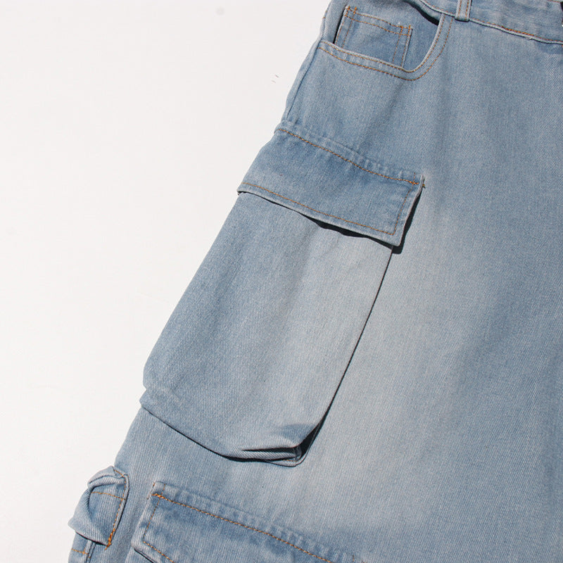 Women Street Denim Washed Cargo Wide-Leg Pants 14