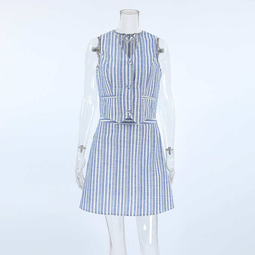 Women Striped V-Neck Sleeveless Top and Skirt Two-Piece 10
