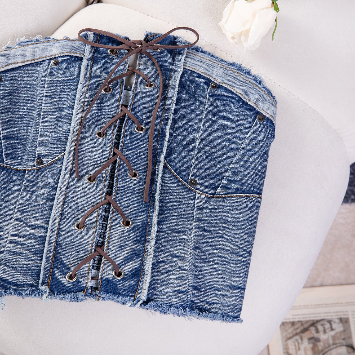 Women Sexy Off Shoulder Elastic Denim Crop Strapless Top 17