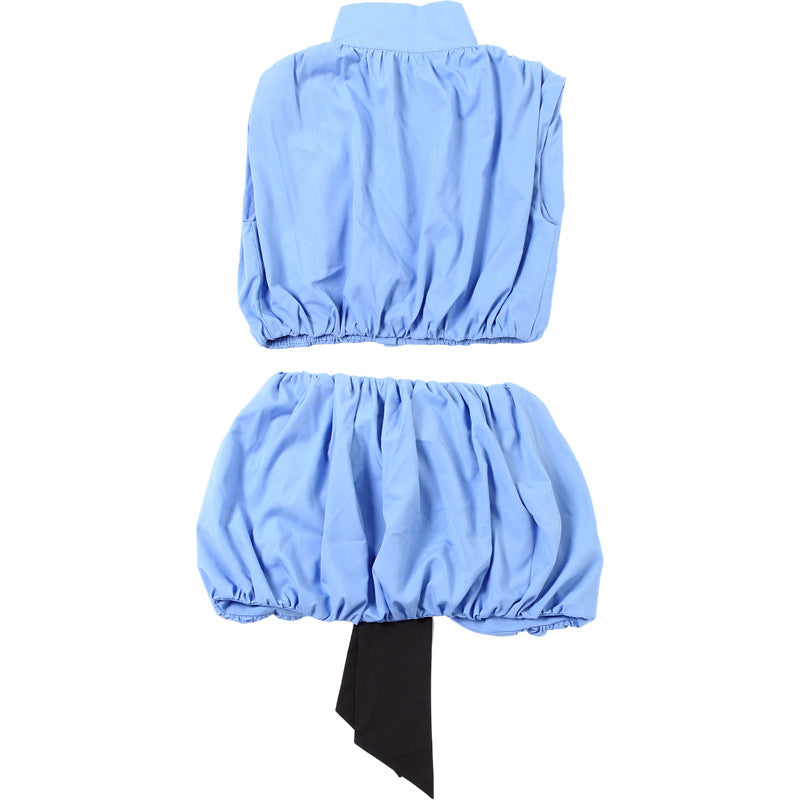 Autumn Women's Fashion High Neck Color Block Sexy Crop Top Short Skirt Set 10