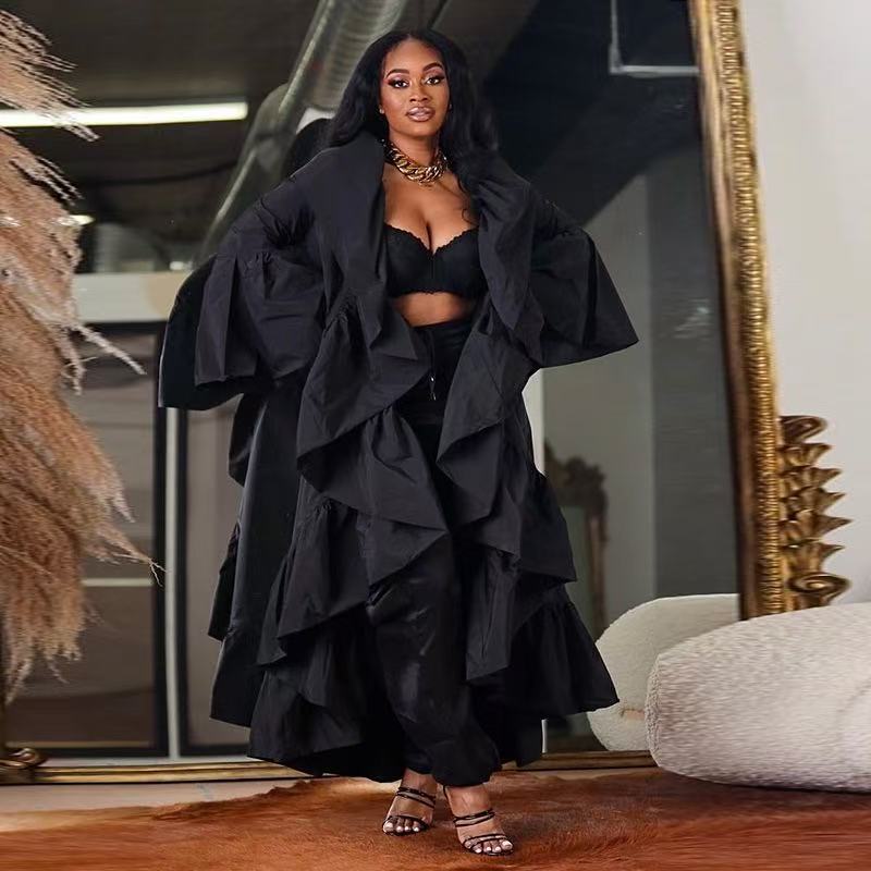 Women's Autumn Solid Color Ruffled Long Trench Coat 3