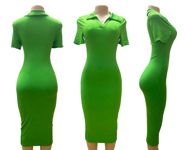 Women Summer Turndown Collar Short Sleeve Sexy Solid Bodycon Dress 14
