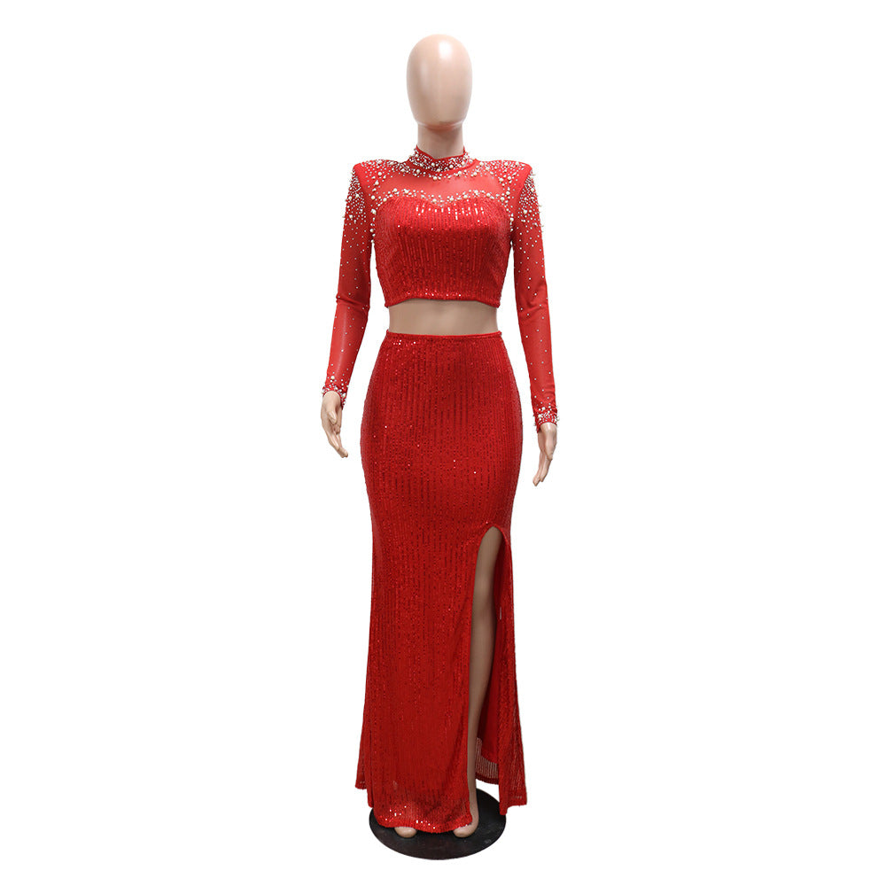 Fashionable Round Neck Mesh sequined long-sleeved top high slit skirt two-piece set for women 11