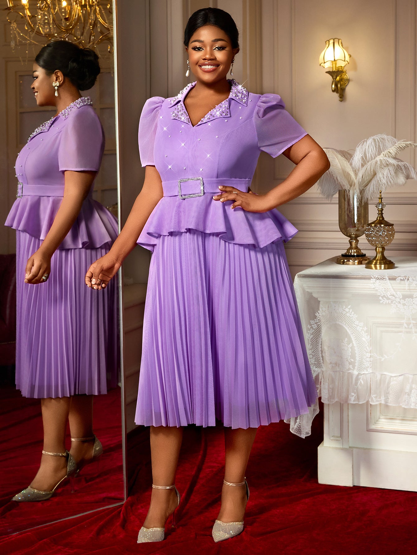 Plus-Size Women Turndown Collar Beaded Ruffle Dress 5