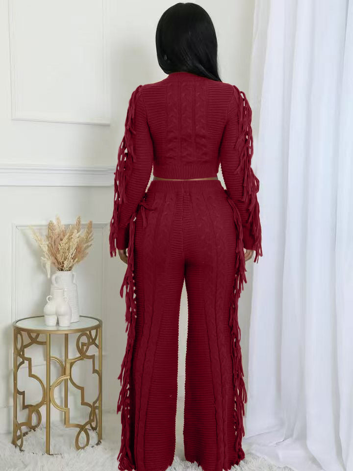 Women Casual Solid Knitting Long-Sleeved Tassel Top and Pant Two-Piece Set 9