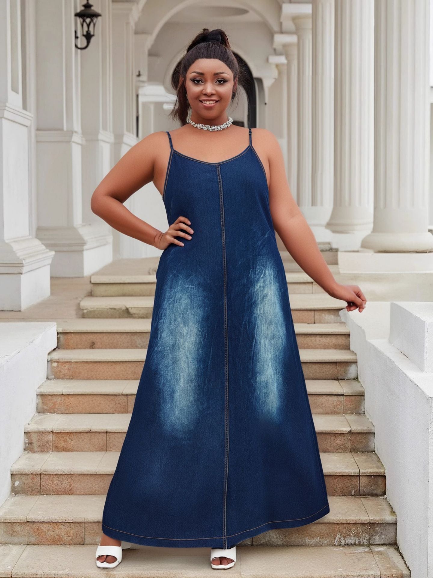 Plus-Size Women V-Neck Strappy Casual Denim Dress 8