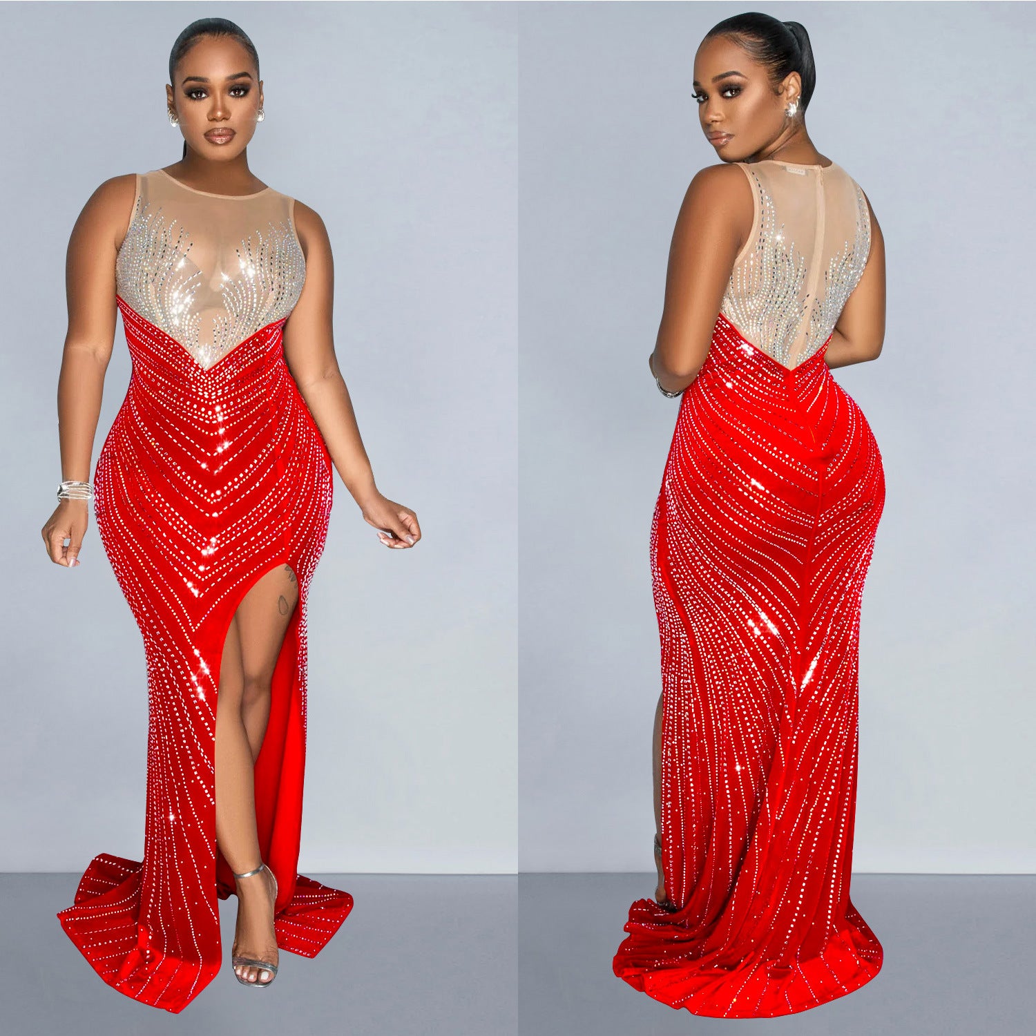 Women Solid Round Neck Sleeveless Beaded Dress 7