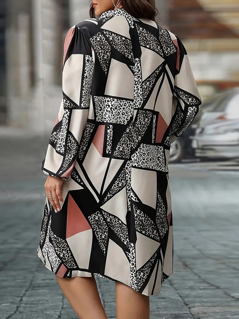 Autumn Long Sleeve V-Neck Print Plus Size Dress