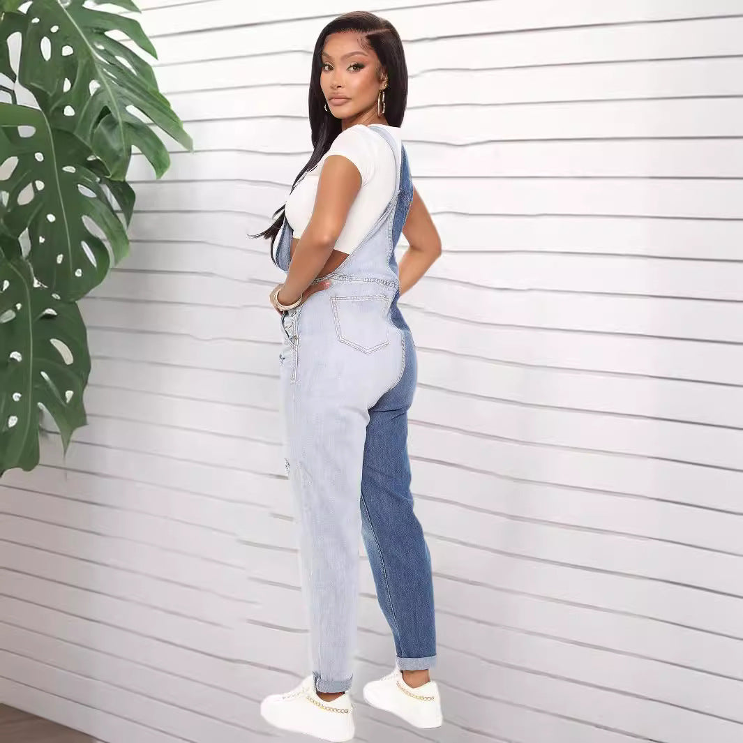 Women Women Elastic Color Block Ripped Overalls