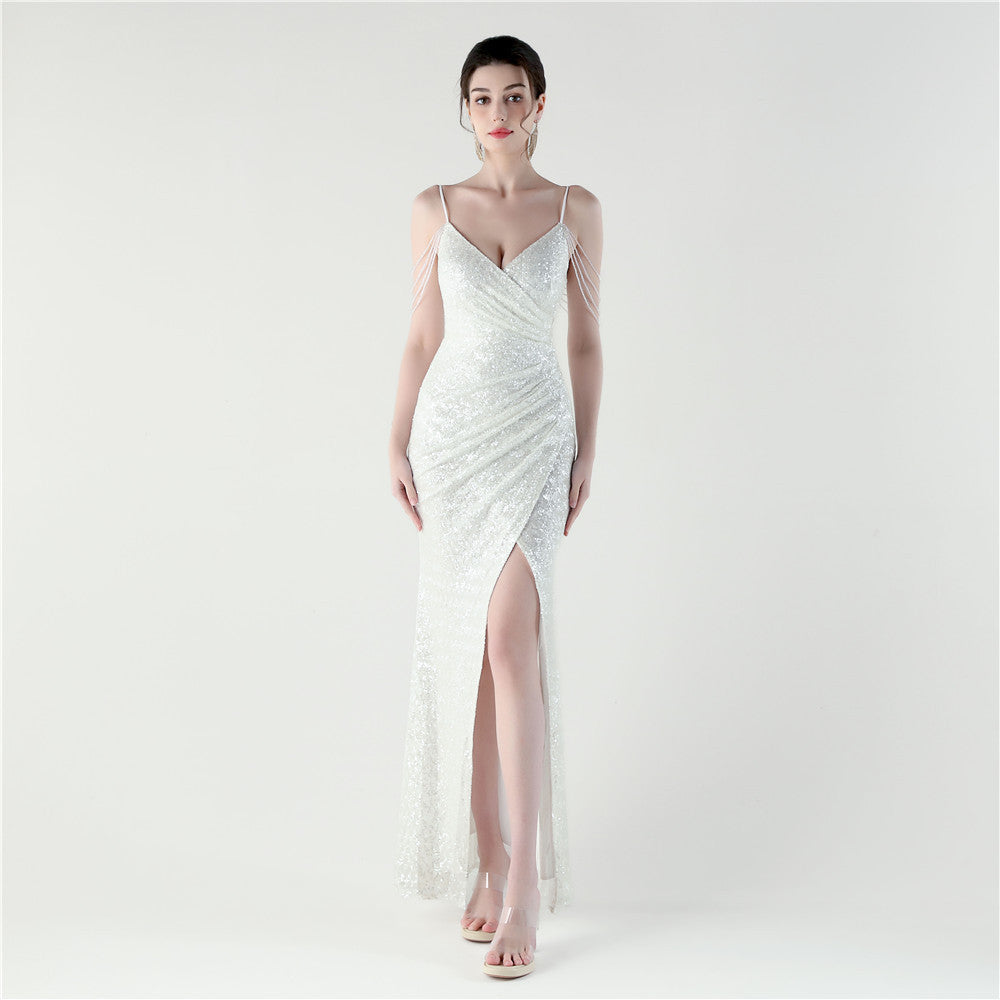 Women Evening V Neck Sequined Slit Evening Dress 14