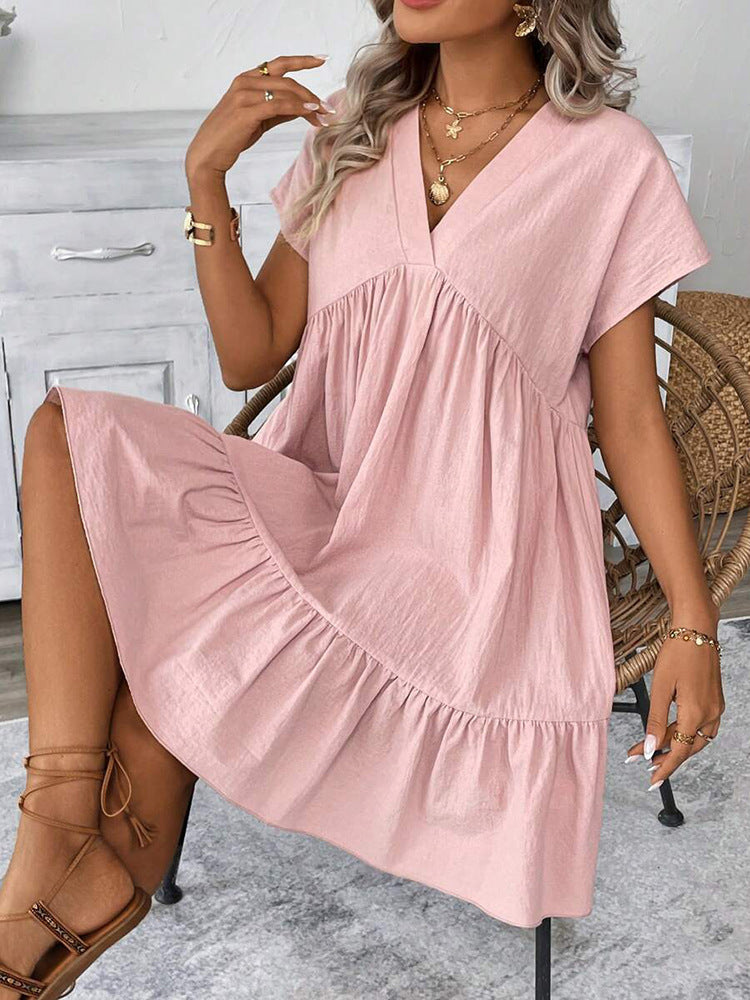 Women's Summer Holiday Style Ruffle Hem V-Neck Solid Color Loose Short Dress 6
