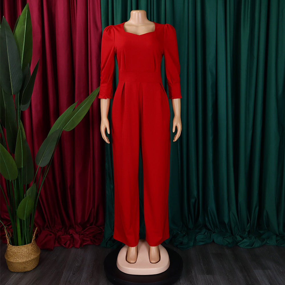 Plus Size African Women Long Sleeve Solid Loose Wide Leg Jumpsuit 14