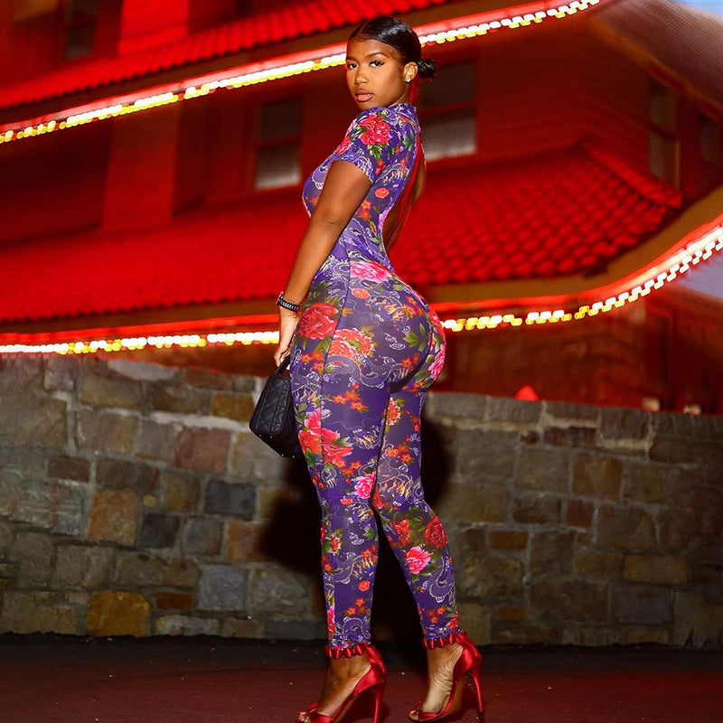 Women summer Women sexy Backless print See-Through Mesh Jumpsuit 6