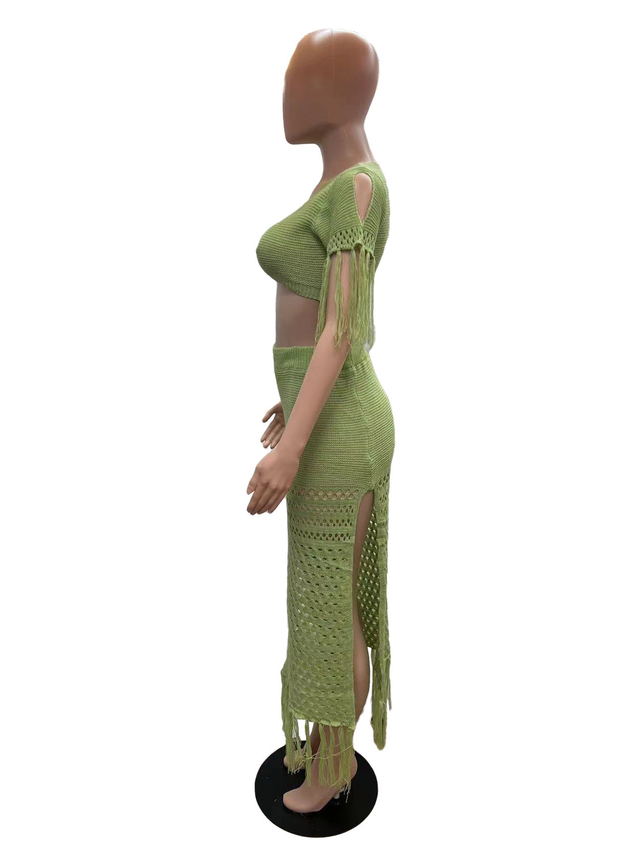 Women Knitting Hollow Tassel Sexy Top and Long Skirt Two-piece Set 4